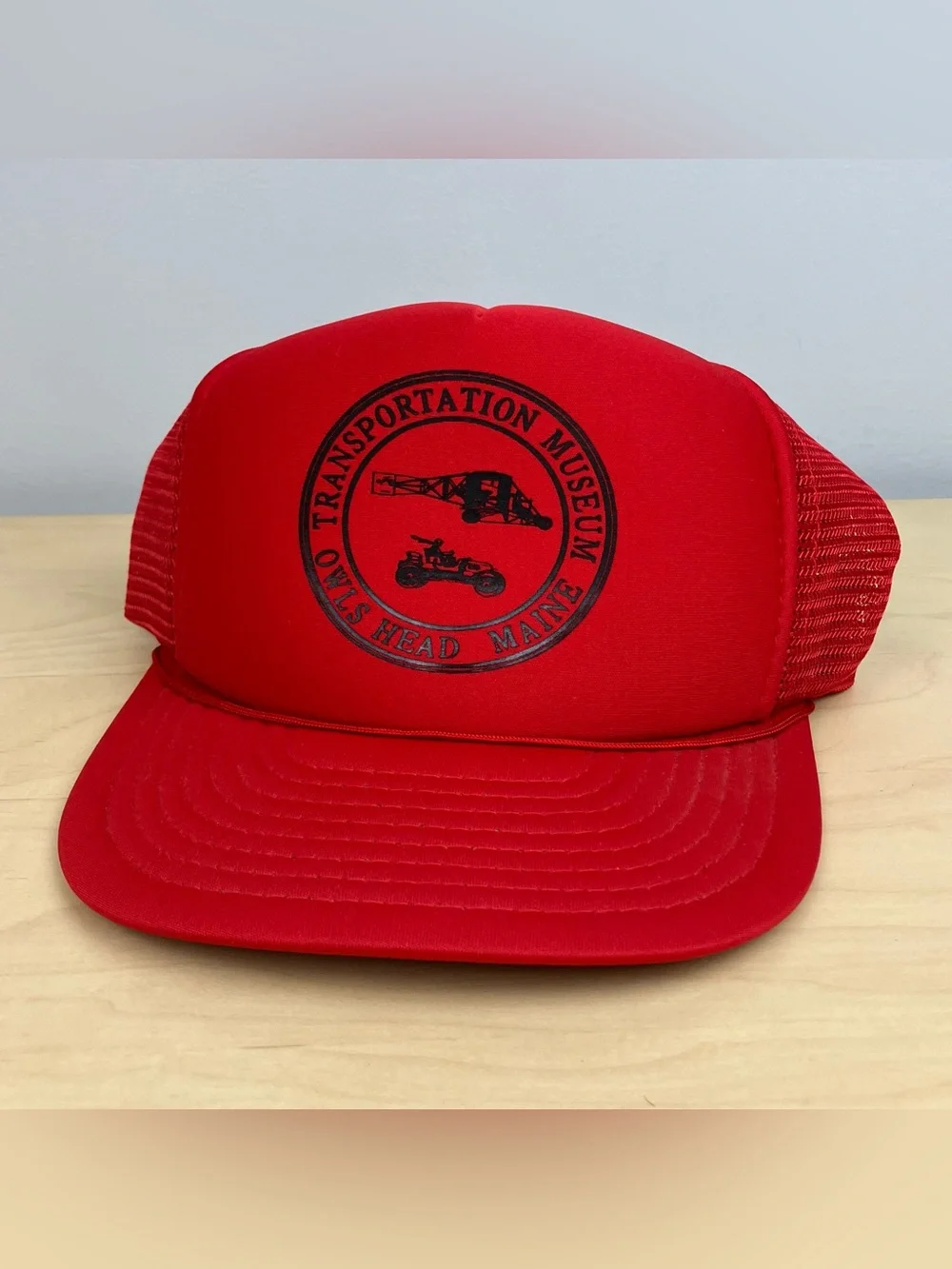 Vintage Owls Head Transportation Museum Maine Red Mesh Rope Snapback Trucker Hat
